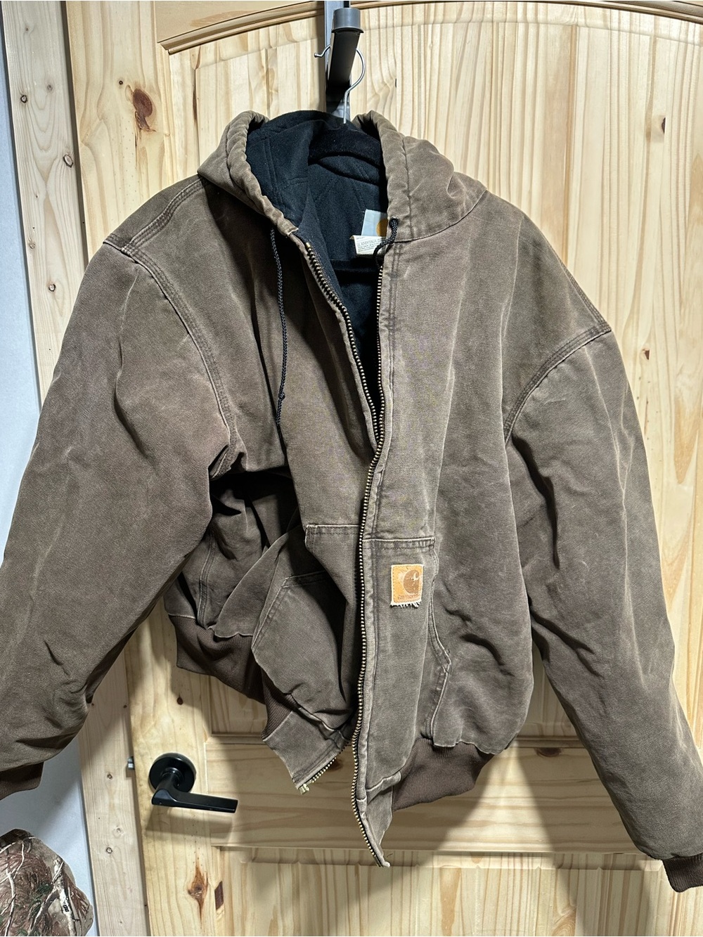 Vintage Carhartt Brown Hooded Canvas Work Jacket with Black Liner Mens XXL